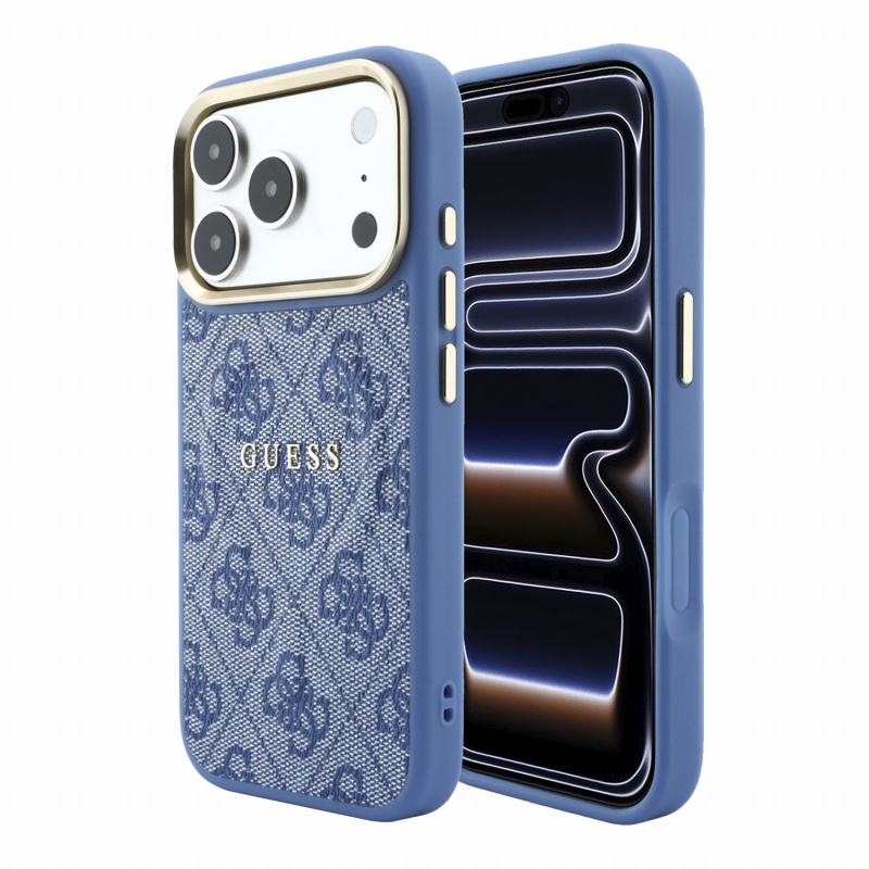 Guess PU bőr 4G aranykeretes, dombornyomott MagSafe hátsó tok iPhone 18 Pro-hoz, kék