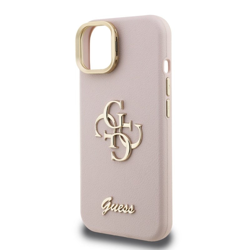 Guess PU szemcsés 4G Logo Stand Kamera keret hátlapi borító iPhone 15 rózsaszínhez