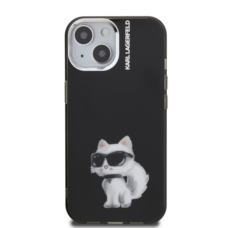 Karl Lagerfeld IML Aquarelle Choupette hátlapi borító iPhone 15-hez Fekete