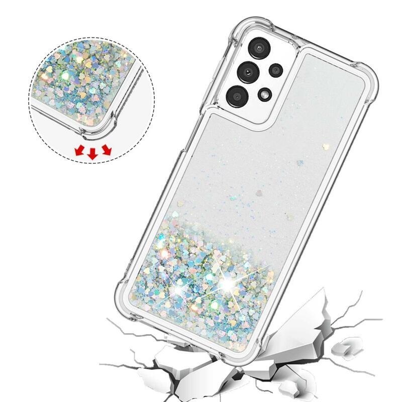 Glitter zselés homokóra tok Samsung Galaxy A13 4G készülékhez - ezüst/szívecske