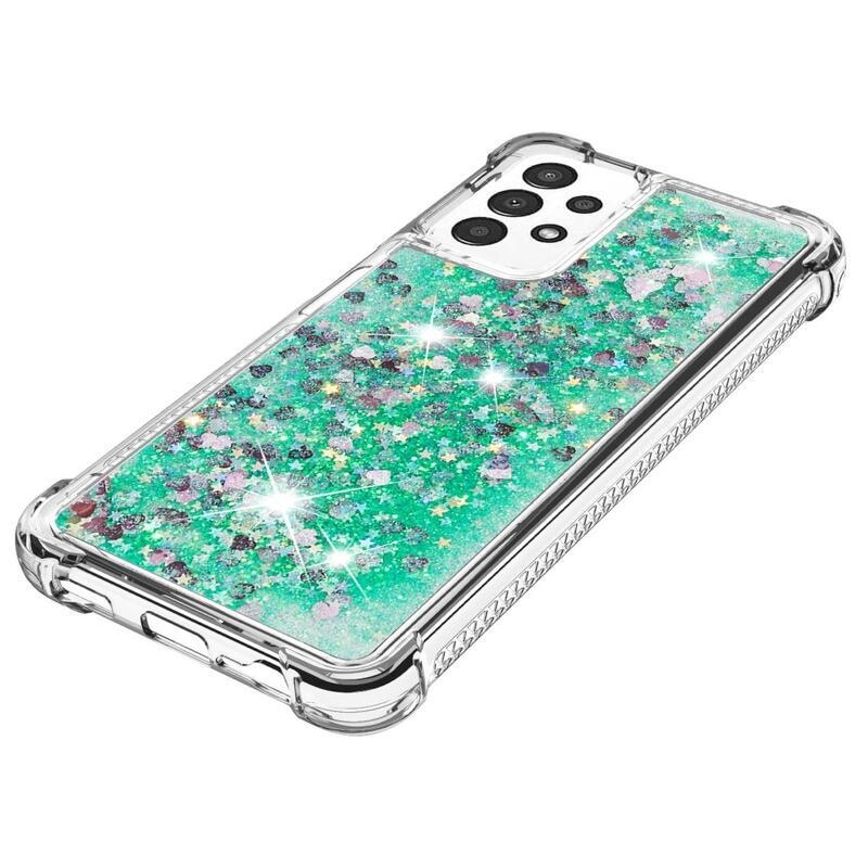 Glitter zselés homokóra hüvely Samsung Galaxy A13 4G - zöld/szívek
