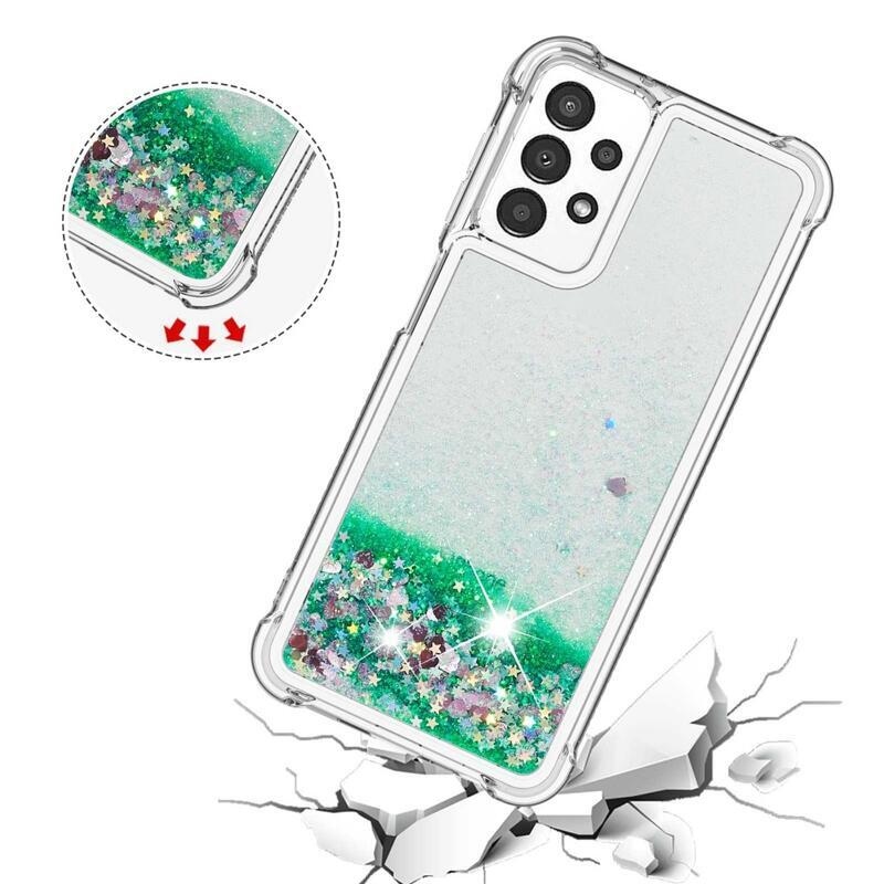 Glitter zselés homokóra hüvely Samsung Galaxy A13 4G - zöld/szívek