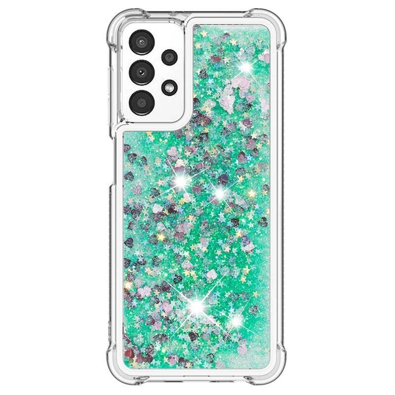 Glitter zselés homokóra hüvely Samsung Galaxy A13 4G - zöld/szívek