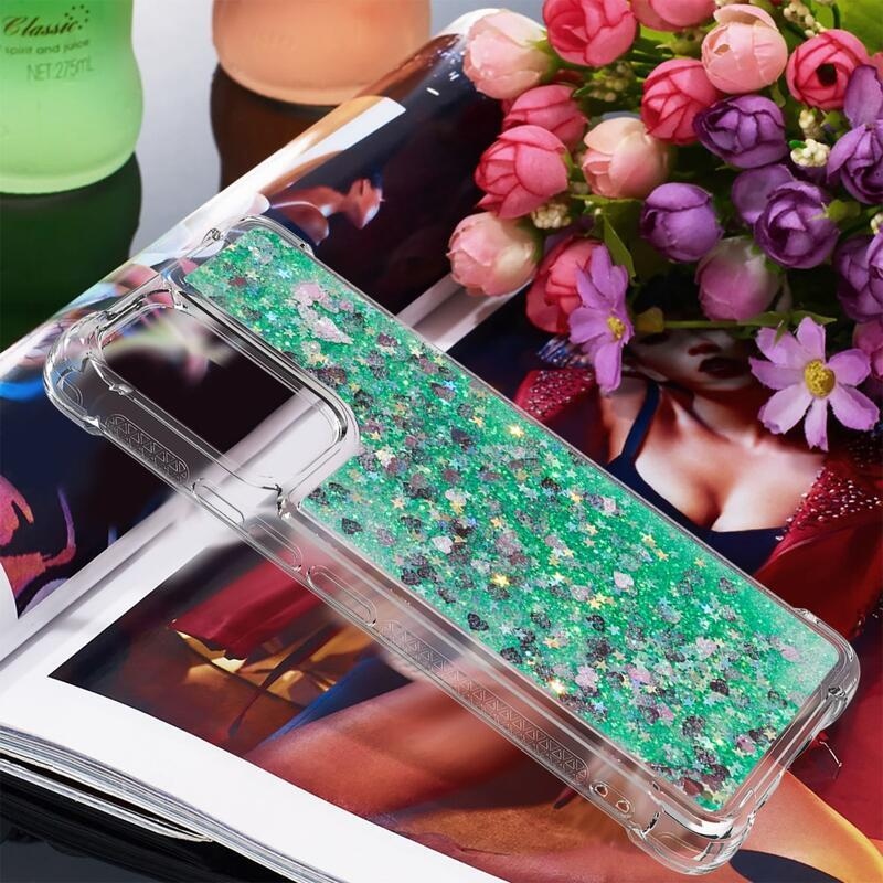 Glitter zselés homokóra hüvely Samsung Galaxy A53 5G - zöld/szívek