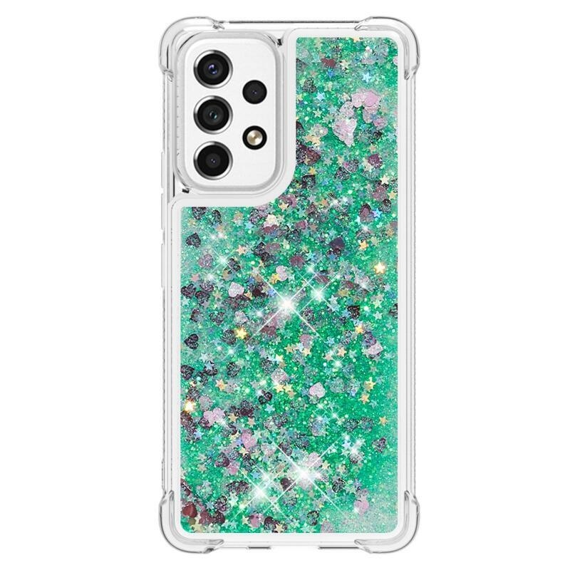 Glitter zselés homokóra hüvely Samsung Galaxy A53 5G - zöld/szívek