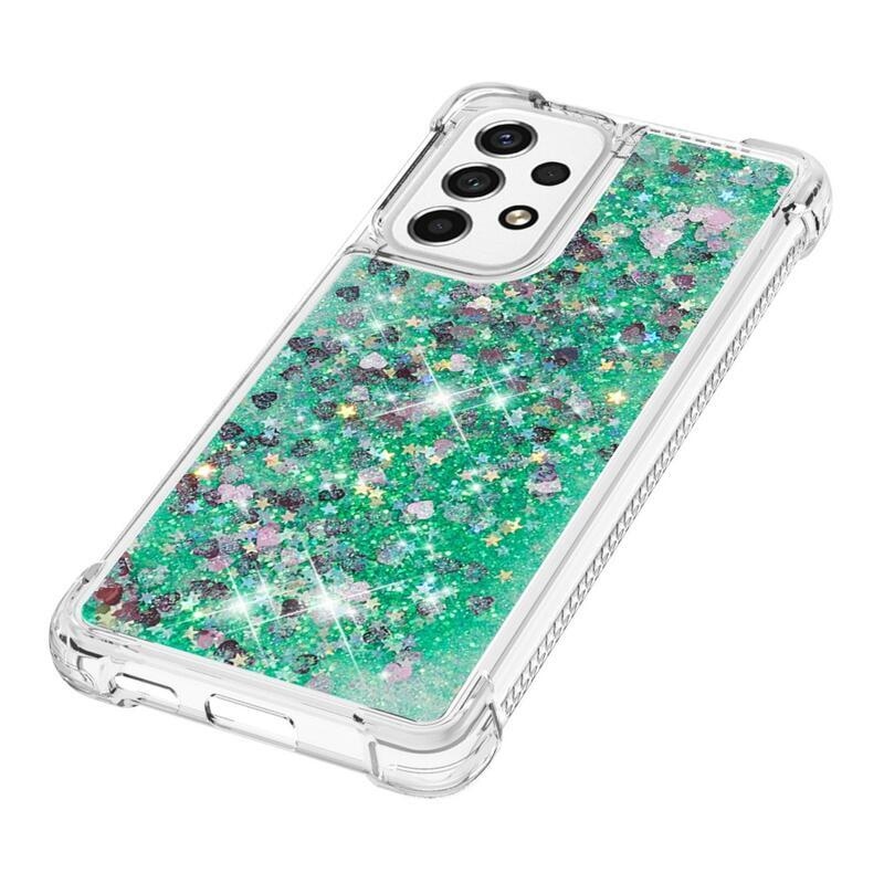 Glitter zselés homokóra hüvely Samsung Galaxy A53 5G - zöld/szívek