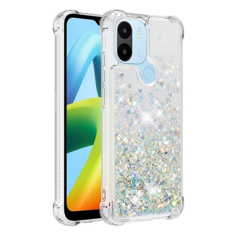 Glitter zselés homokóra hüvely Xiaomi Redmi A1+/A2+ - ezüst/szívecske