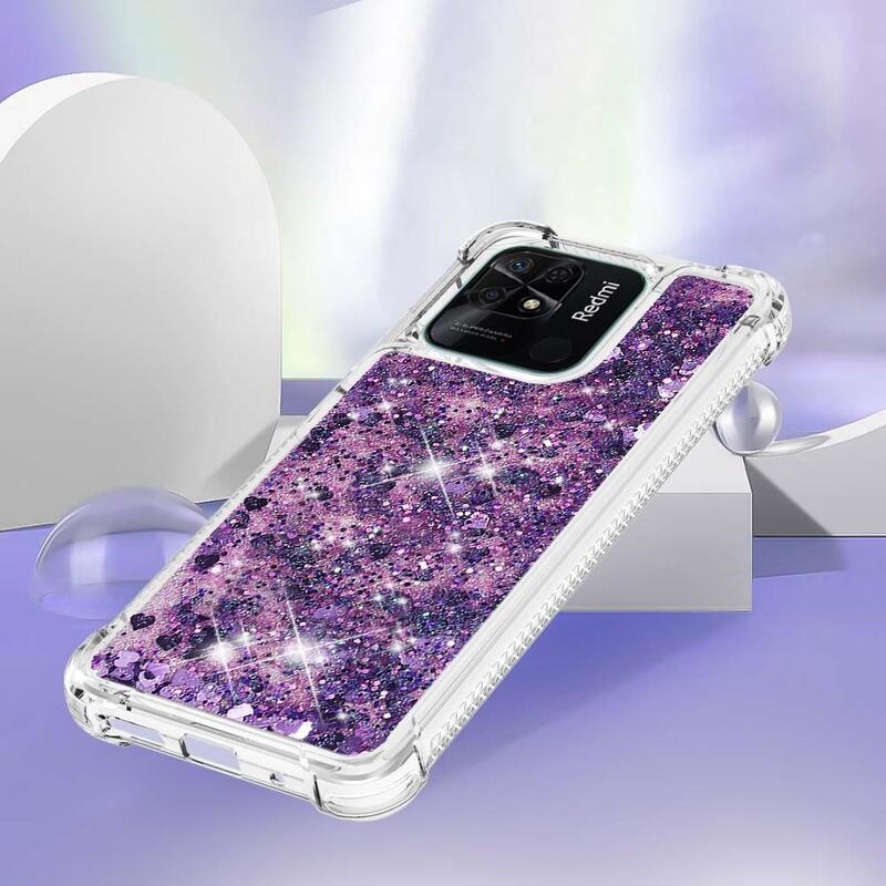 Glitter homokóra zselés tok Xiaomi Redmi 10C-hez - sötétlila/szívecske