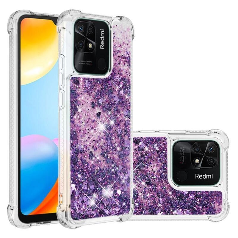 Glitter homokóra zselés tok Xiaomi Redmi 10C-hez - sötétlila/szívecske