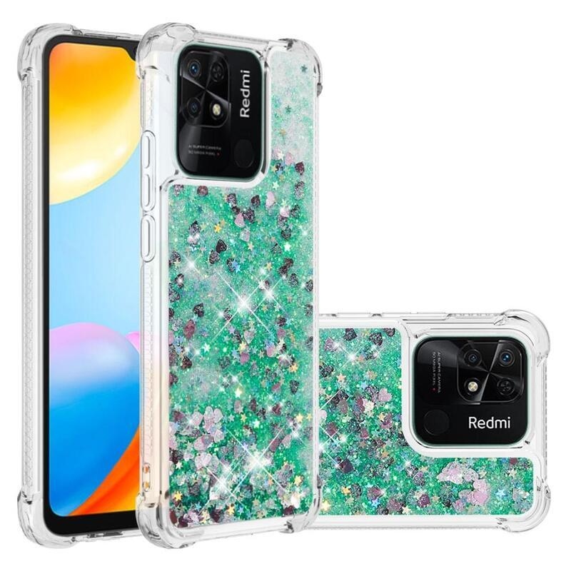 Glitter homokóra zselés tok Xiaomi Redmi 10C - zöld/szívek