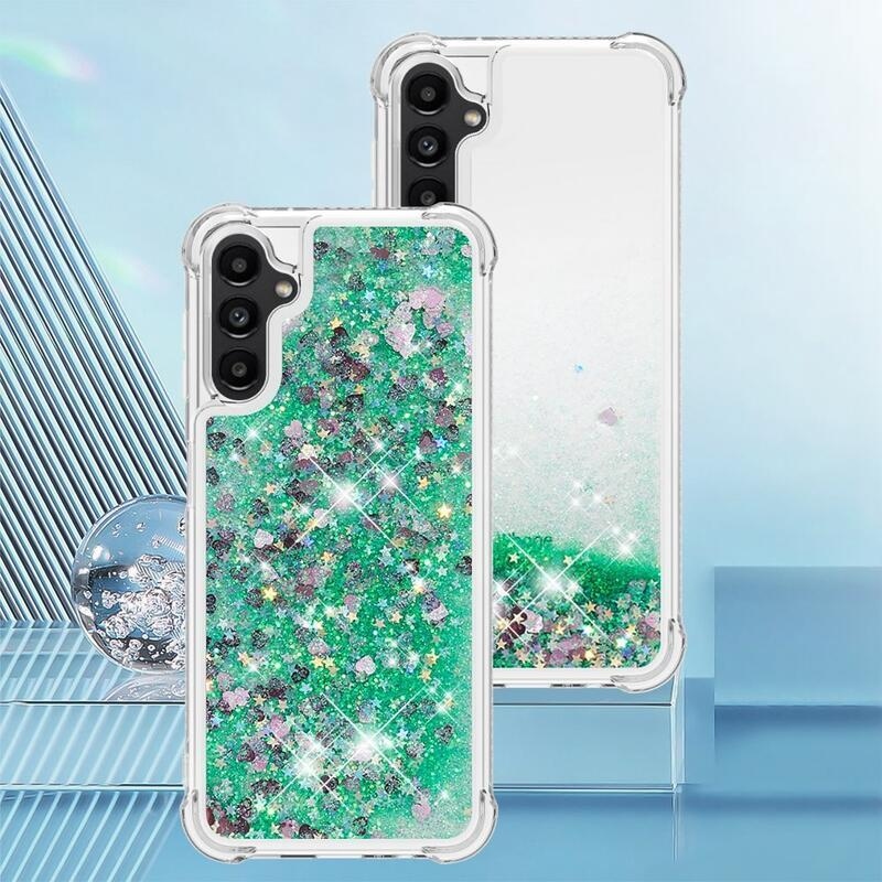 Glitter homokóra zselés tok Samsung Galaxy A14 4G/5G - zöld/szívek