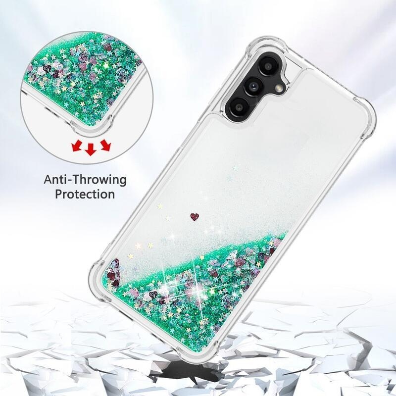 Glitter homokóra zselés tok Samsung Galaxy A14 4G/5G - zöld/szívek