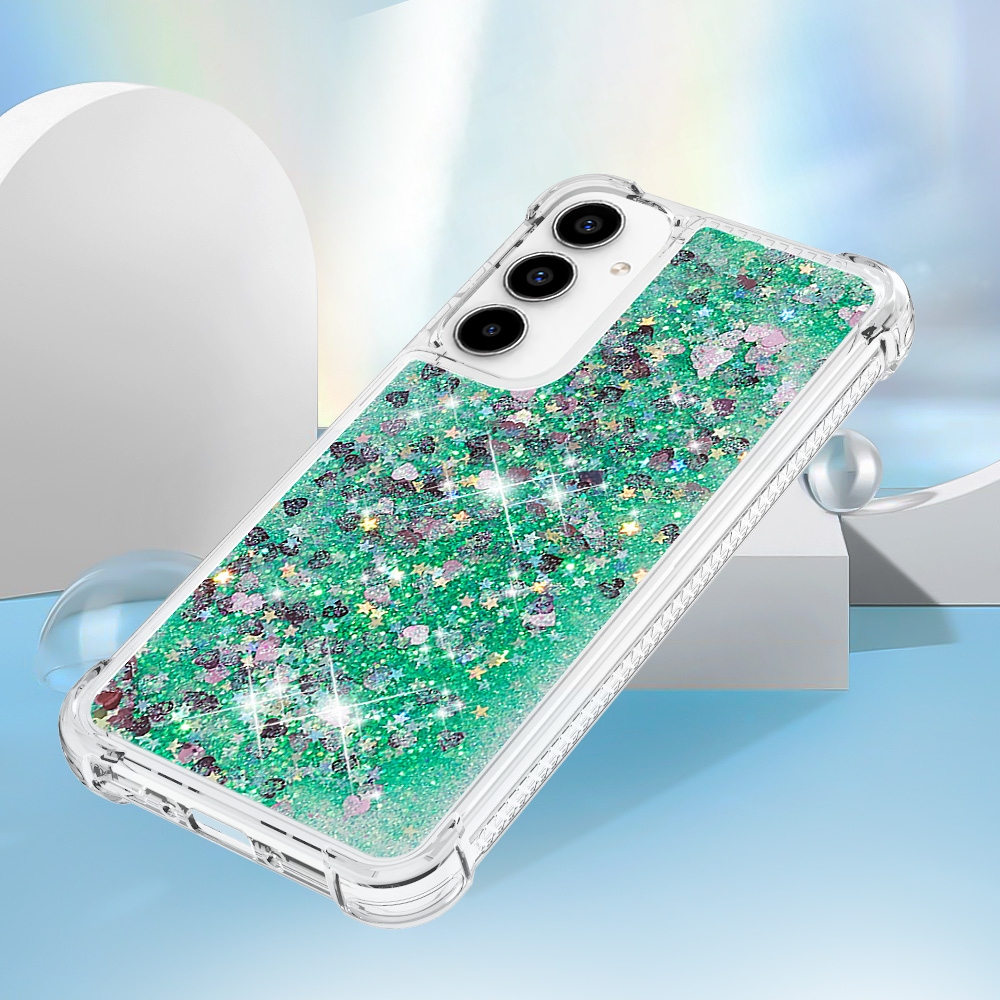 Glitter homokóra zselés tok Samsung Galaxy A57 5G - zöld/szívek