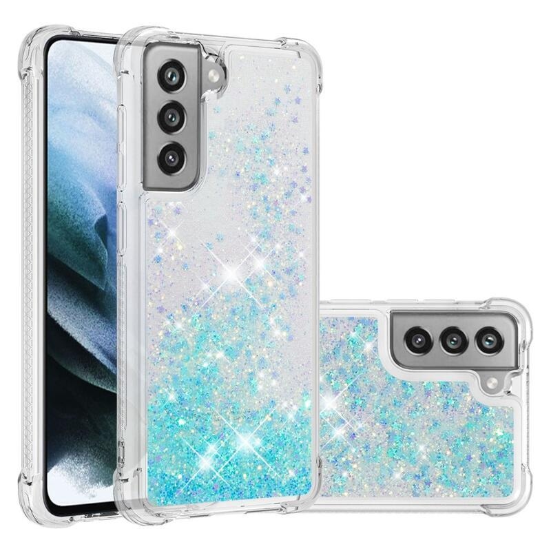 Csillogó homokóra zselés tok Samsung Galaxy S21 FE 5G - kék/csillagok