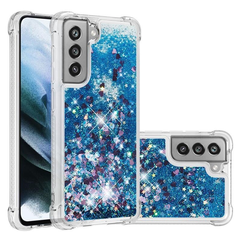 Csillogó homokóra zselés tok Samsung Galaxy S21 FE 5G - kék/szív