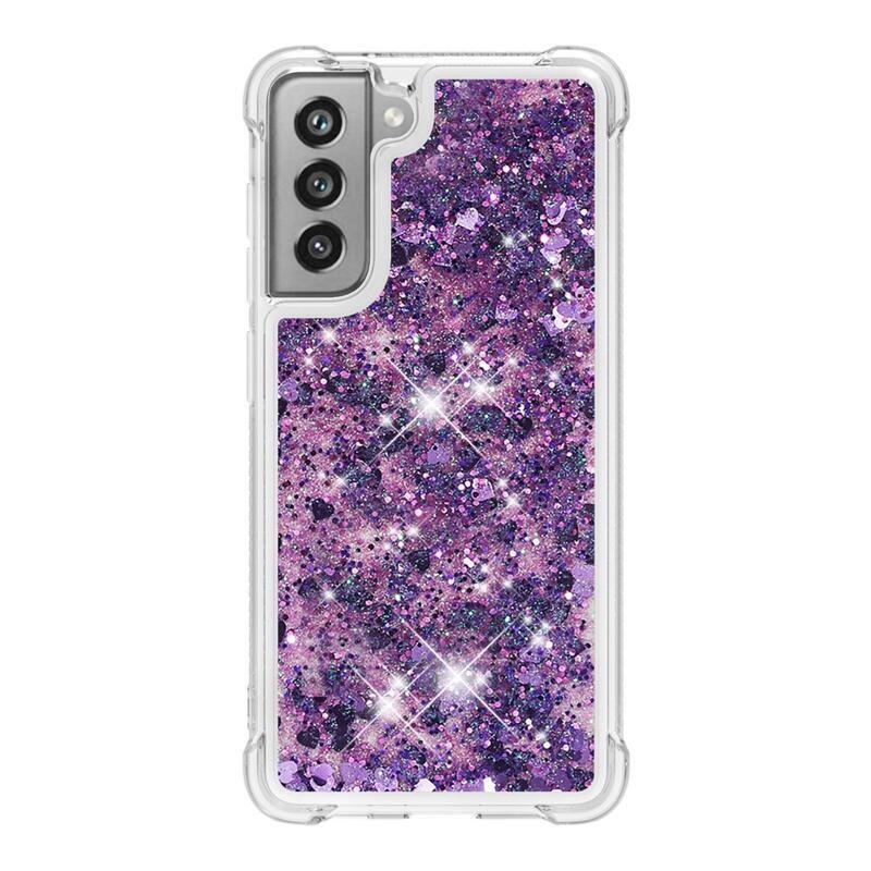Glitter homokóra zselés tok Samsung Galaxy S21 FE 5G - sötét lila/szív