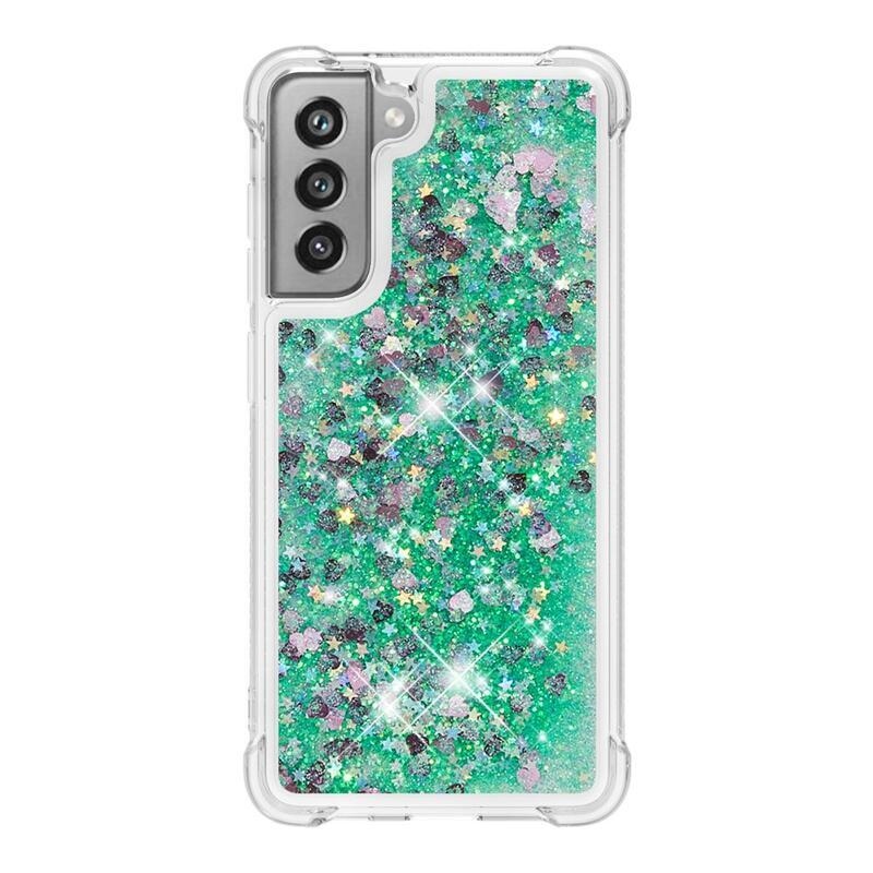 Glitter homokóra zselés tok Samsung Galaxy S21 FE 5G - zöld/szívek
