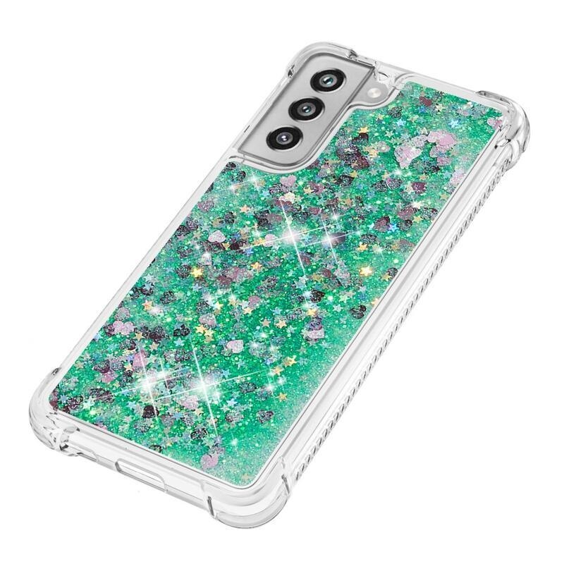 Glitter homokóra zselés tok Samsung Galaxy S21 FE 5G - zöld/szívek