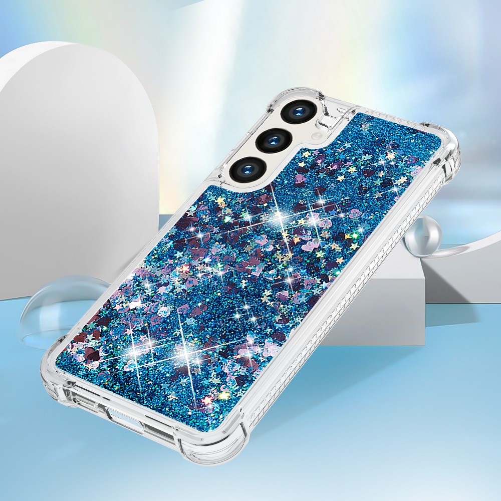 Glitteres, önthető gél tok a Samsung Galaxy S26 FE/S25 FE-hez – kék/szívecskékkel