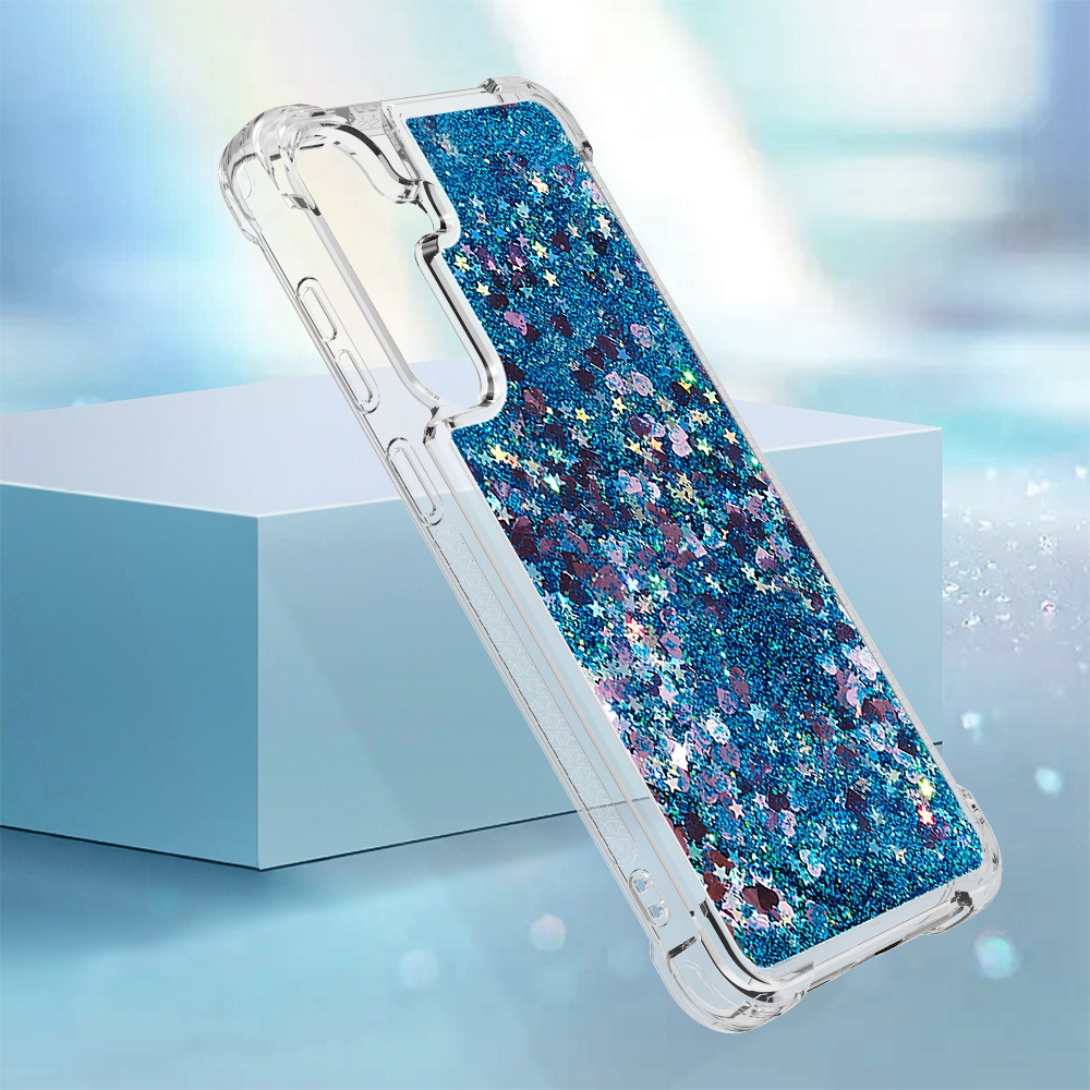 Glitteres, önthető gél tok a Samsung Galaxy S26 FE/S25 FE-hez – kék/szívecskékkel