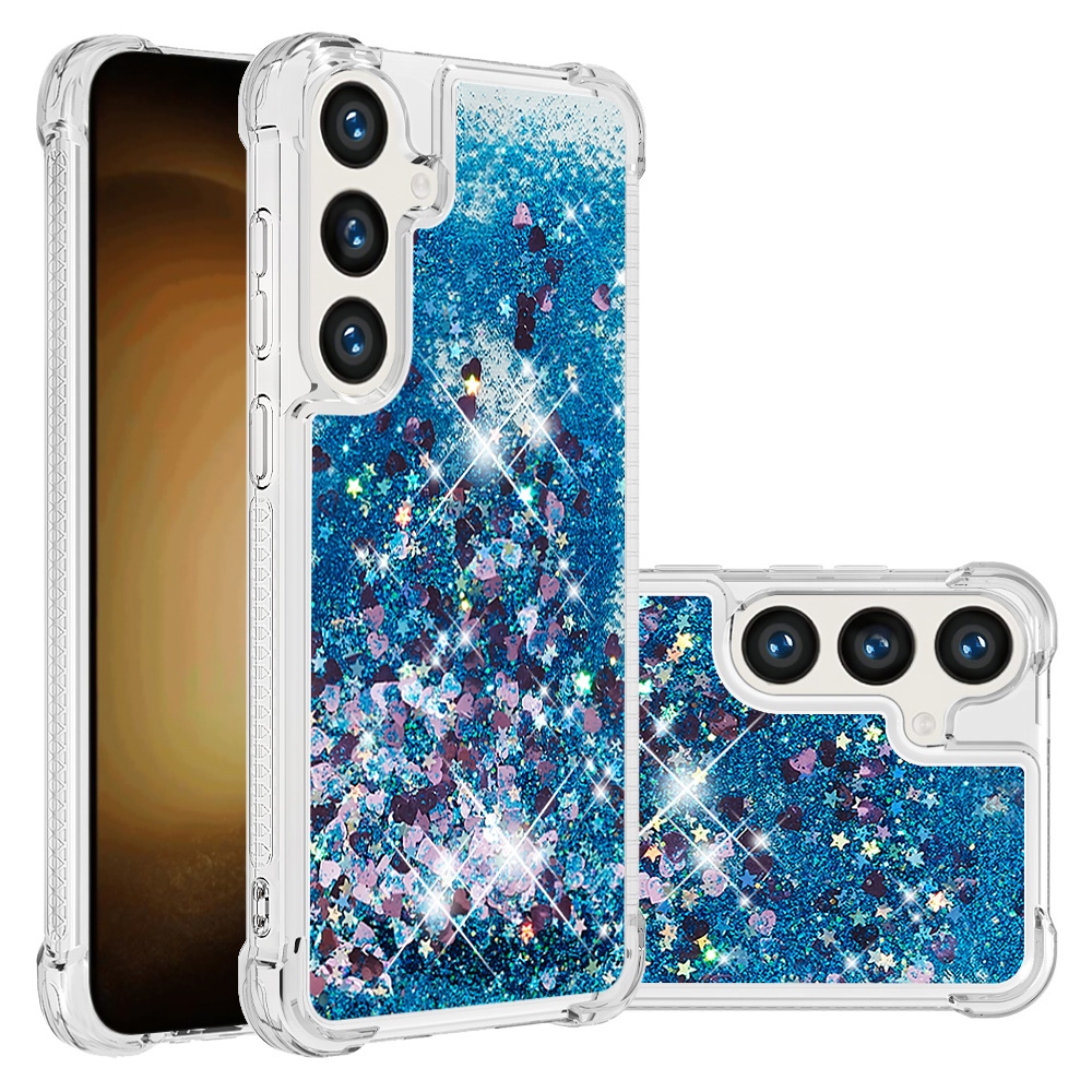 Glitteres, önthető gél tok a Samsung Galaxy S26 FE/S25 FE-hez – kék/szívecskékkel