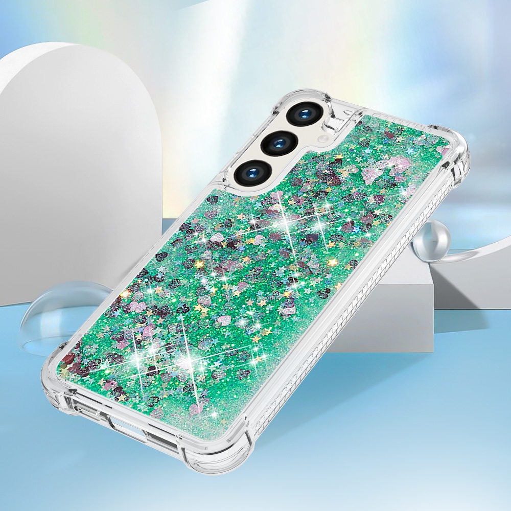Glitteres, önthető gél tok a Samsung Galaxy S26 FE/S25 FE-hez – zöld/szívecskékkel