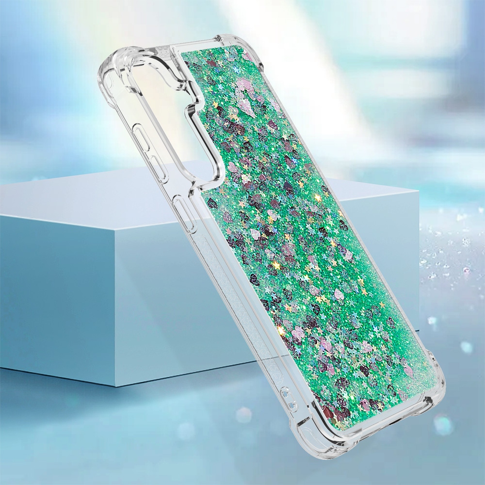 Glitteres, önthető gél tok a Samsung Galaxy S26 FE/S25 FE-hez – zöld/szívecskékkel