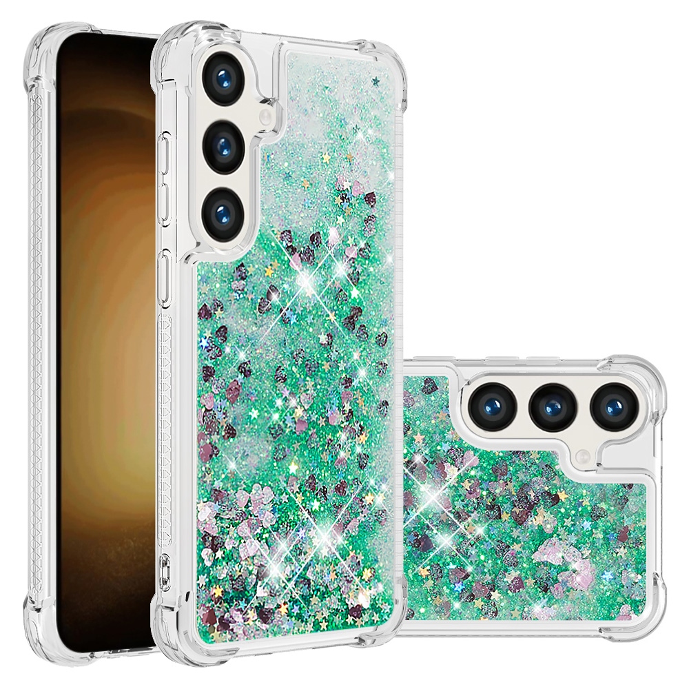Glitteres, önthető gél tok a Samsung Galaxy S26 FE/S25 FE-hez – zöld/szívecskékkel