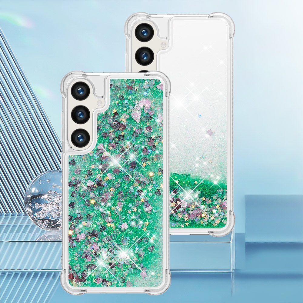 Glitteres, önthető gél tok a Samsung Galaxy S26 FE/S25 FE-hez – zöld/szívecskékkel