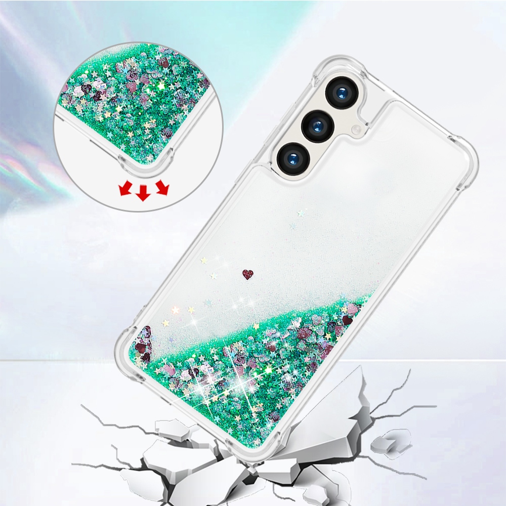 Glitteres, önthető gél tok a Samsung Galaxy S26 FE/S25 FE-hez – zöld/szívecskékkel