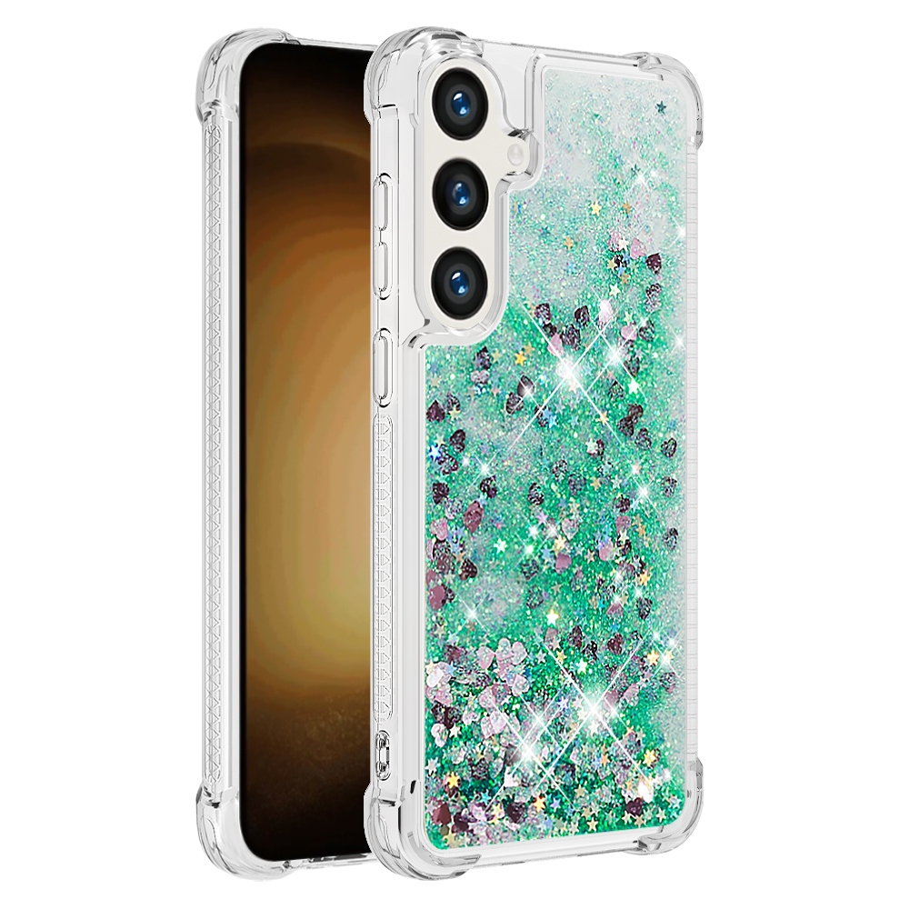 Glitteres, önthető gél tok a Samsung Galaxy S26 FE/S25 FE-hez – zöld/szívecskékkel