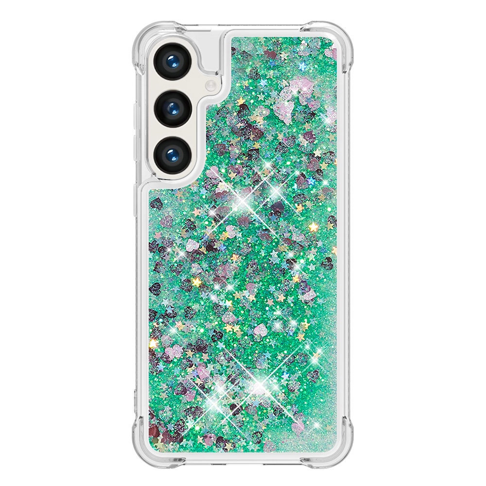 Glitteres, önthető gél tok a Samsung Galaxy S26 FE/S25 FE-hez – zöld/szívecskékkel