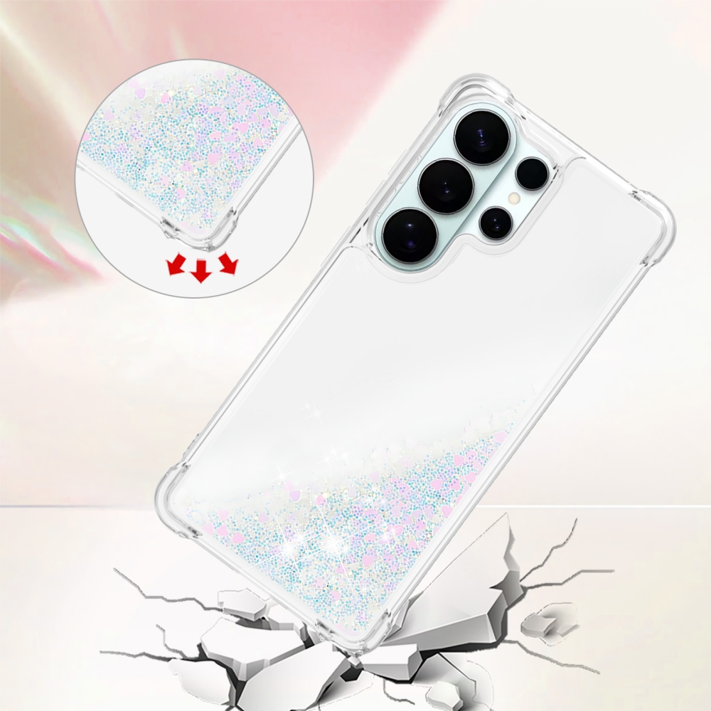 Csillogó homokóra zselés tok Samsung Galaxy S26 Ultra készülékhez - rózsaszín és ezüst/szívecske