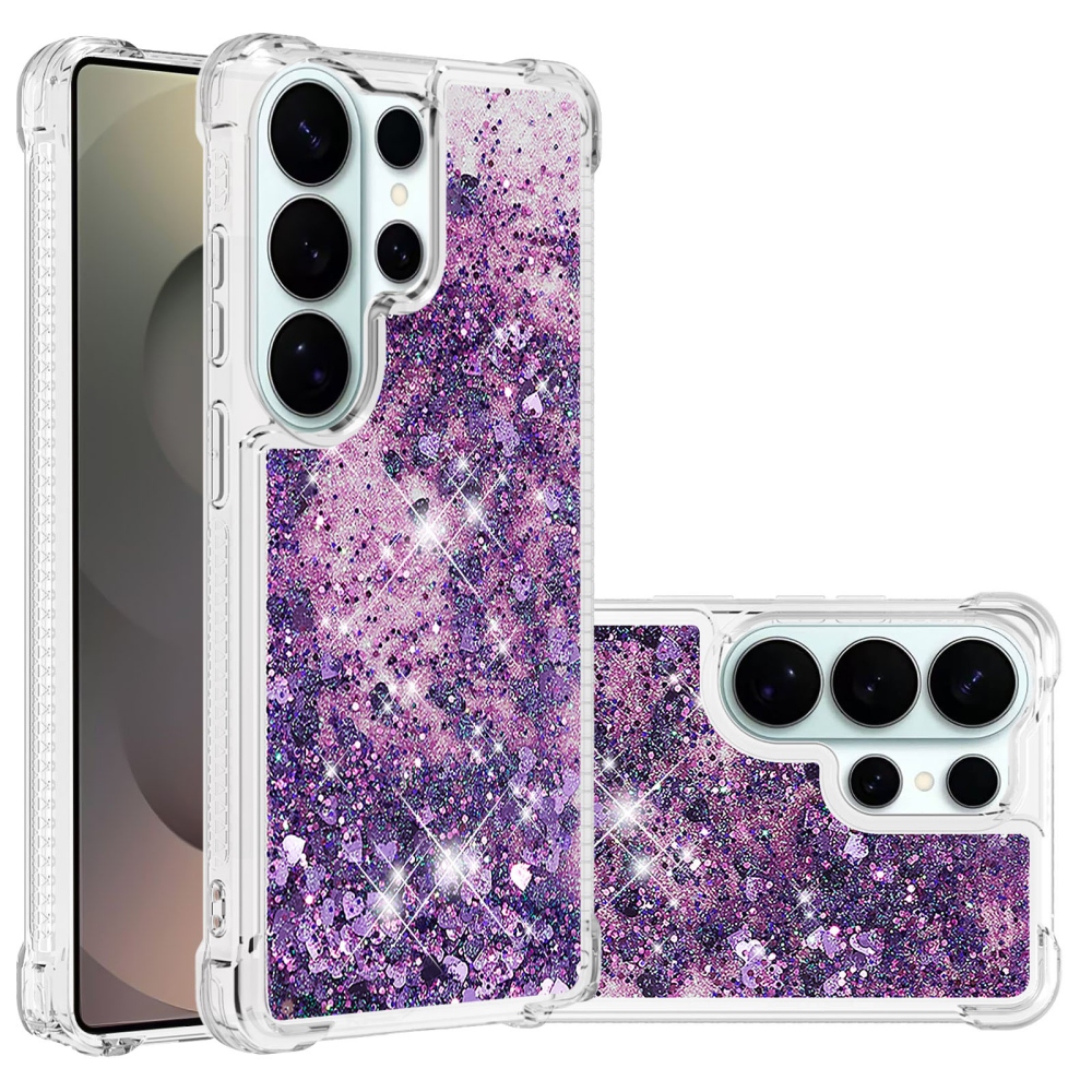 Glitter homokóra zselés tok Samsung Galaxy S26 Ultra készülékhez - sötétlila/szívecske