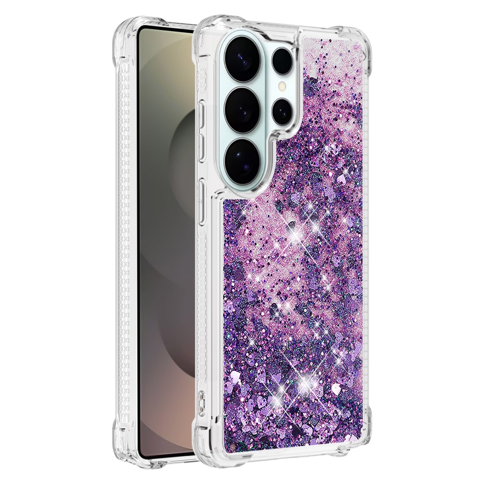 Glitter homokóra zselés tok Samsung Galaxy S26 Ultra készülékhez - sötétlila/szívecske