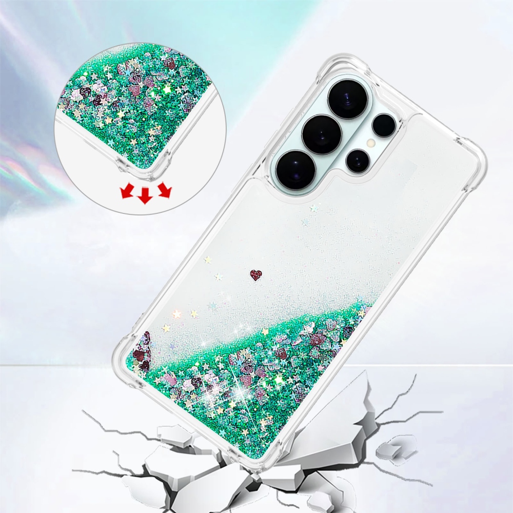 Glitter homokóra zselés tok Samsung Galaxy S26 Ultra készülékhez - zöld/szívek