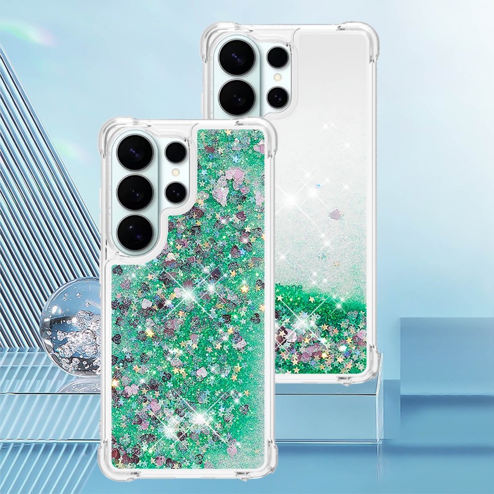 Glitter homokóra zselés tok Samsung Galaxy S26 Ultra készülékhez - zöld/szívek