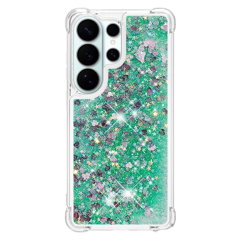 Glitter homokóra zselés tok Samsung Galaxy S26 Ultra készülékhez - zöld/szívek