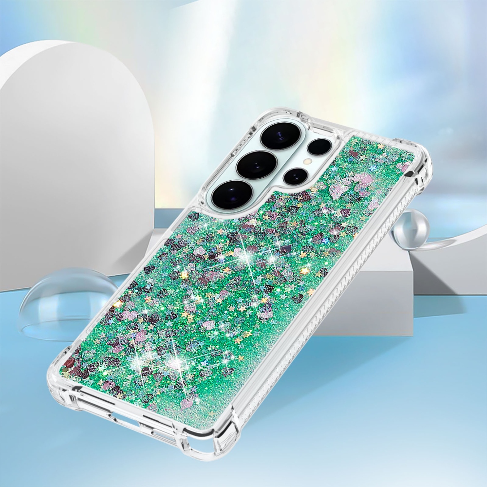 Glitter homokóra zselés tok Samsung Galaxy S26 Ultra készülékhez - zöld/szívek