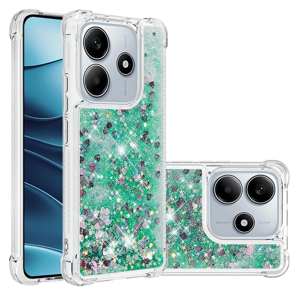 Glitter homokóra zselés tok Xiaomi Redmi Note 14 5G - zöld/szívek