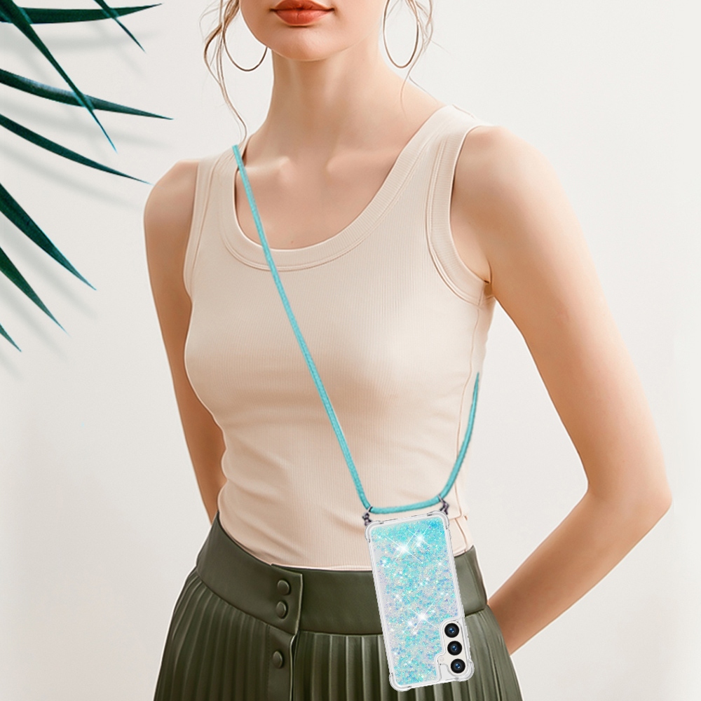 Csillogó homokóra zselés tok zsinórral Samsung Galaxy S26/S26 Pro készülékhez - kék/csillagok