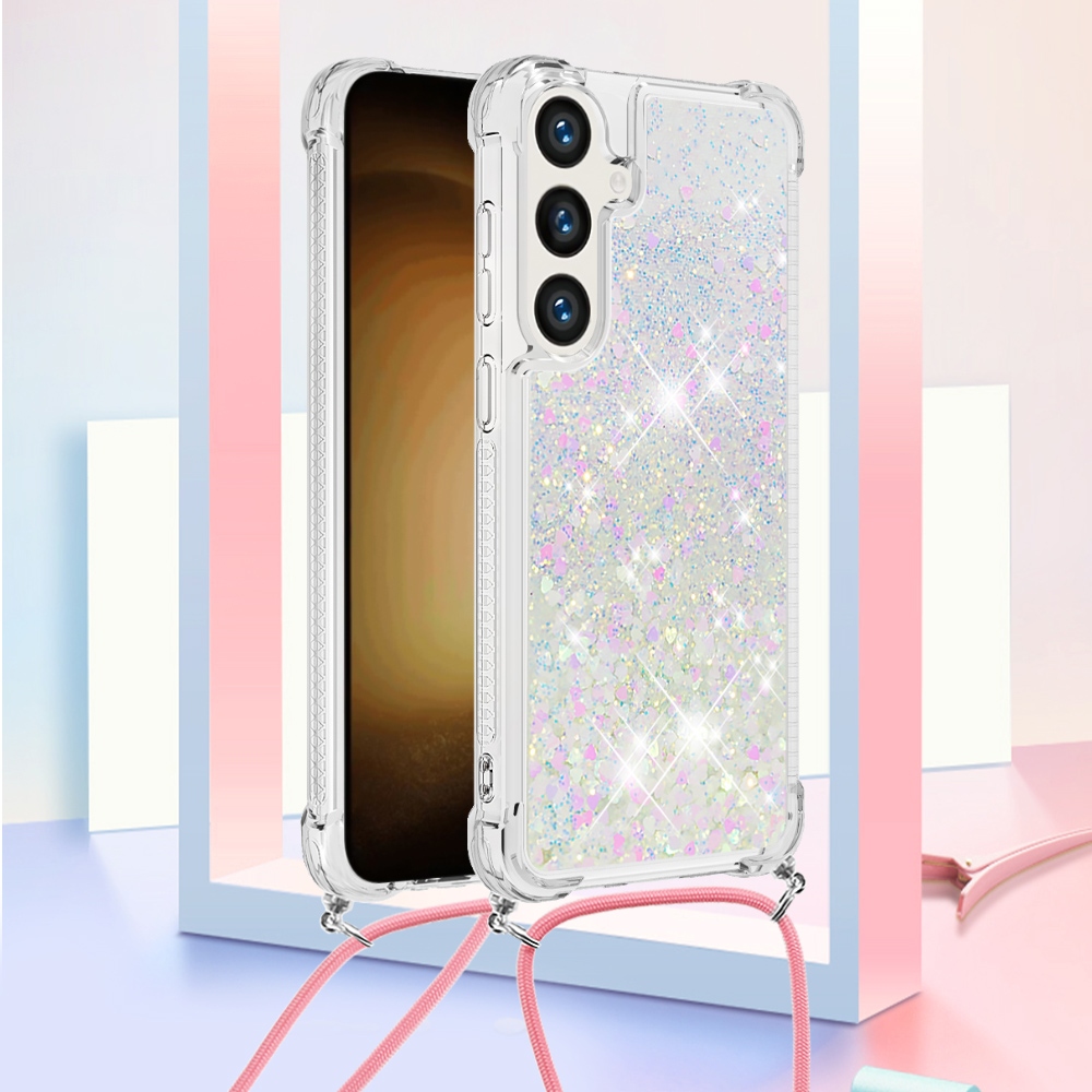 Csillogó homokóra zselés tok húzózsinórral Samsung Galaxy S26/S26 Pro készülékhez - rózsaszín/ezüst/szívecske