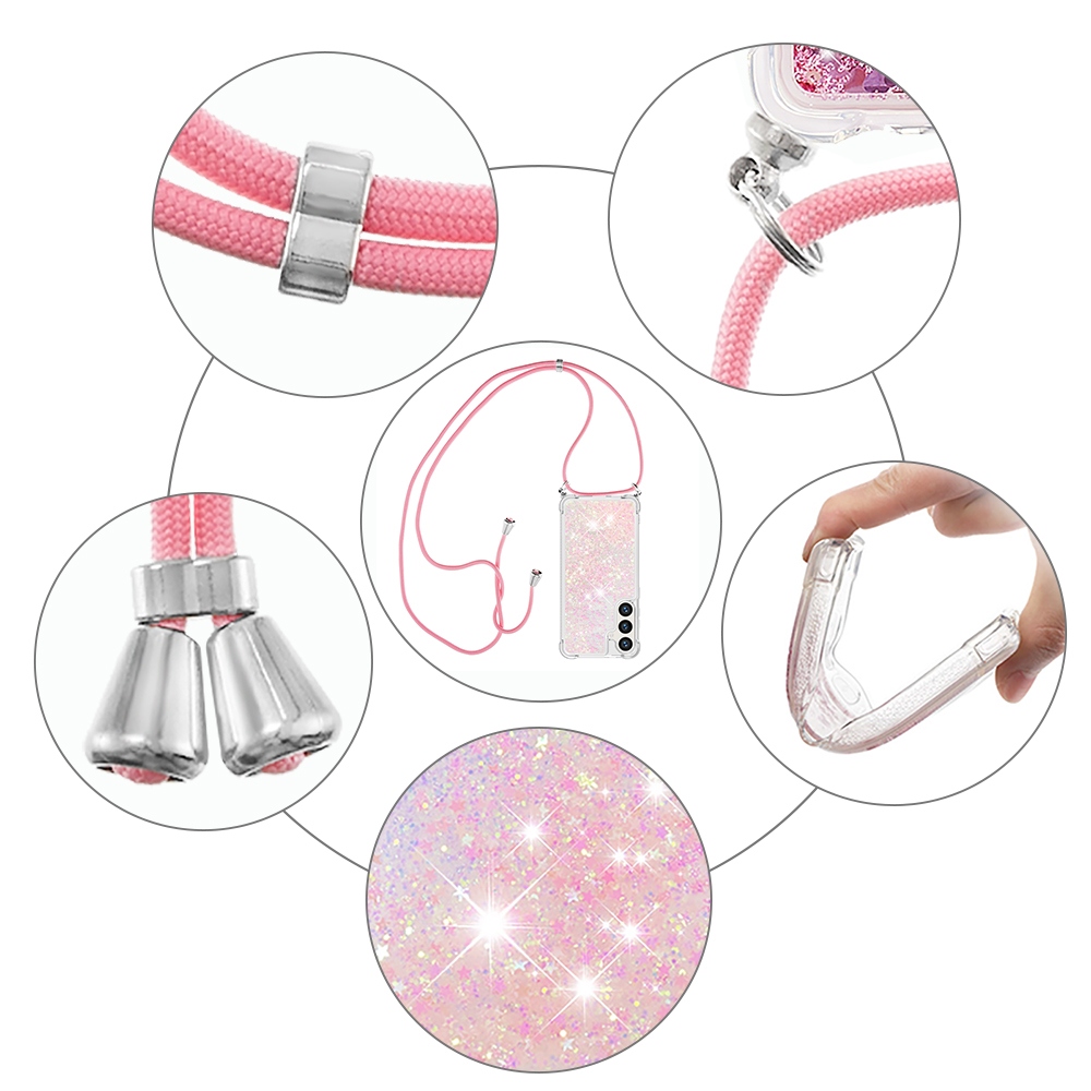 Csillogó homokóra zselés tok zsinórral Samsung Galaxy S26/S26 Pro készülékhez - rózsaszín/csillagok