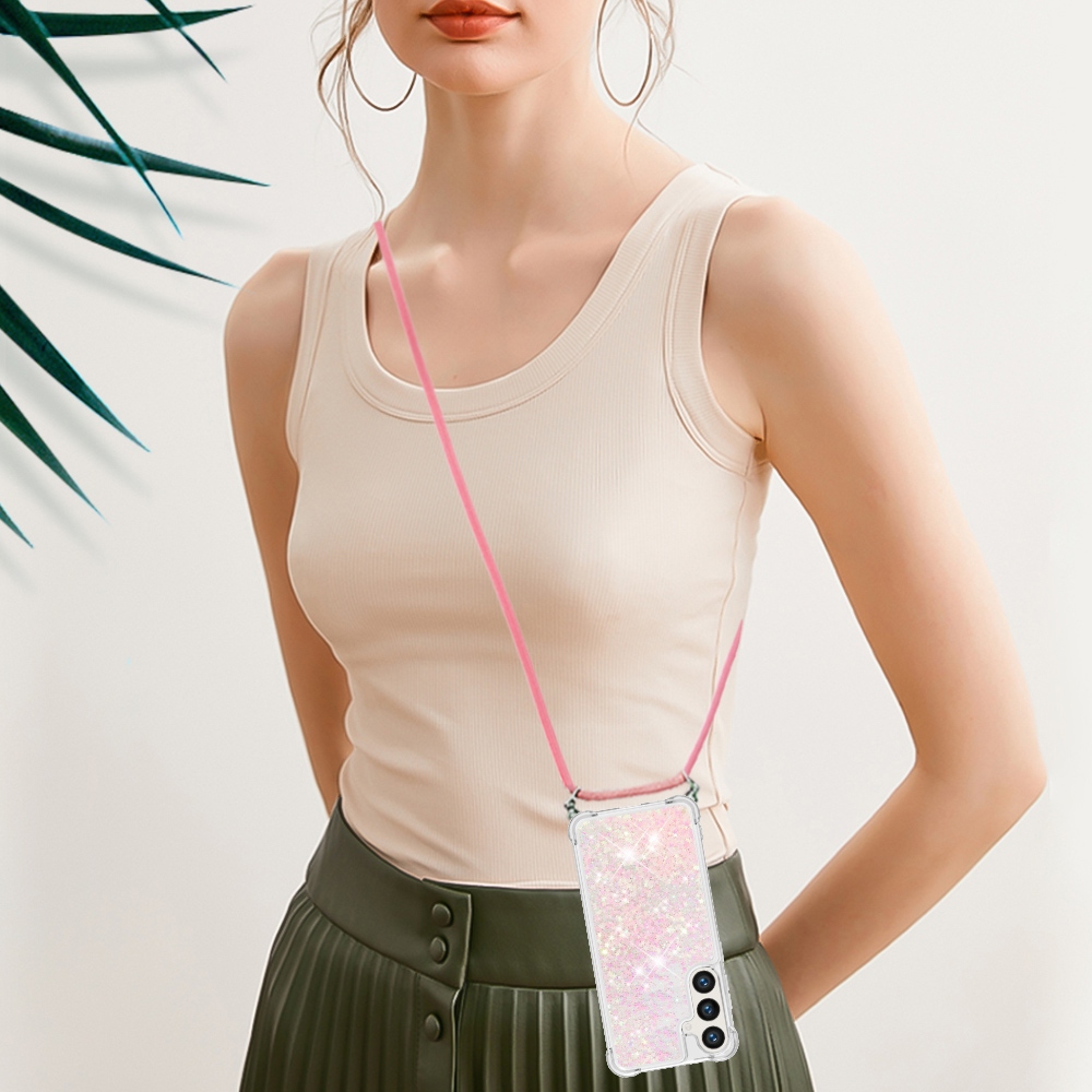 Csillogó homokóra zselés tok zsinórral Samsung Galaxy S26/S26 Pro készülékhez - rózsaszín/csillagok