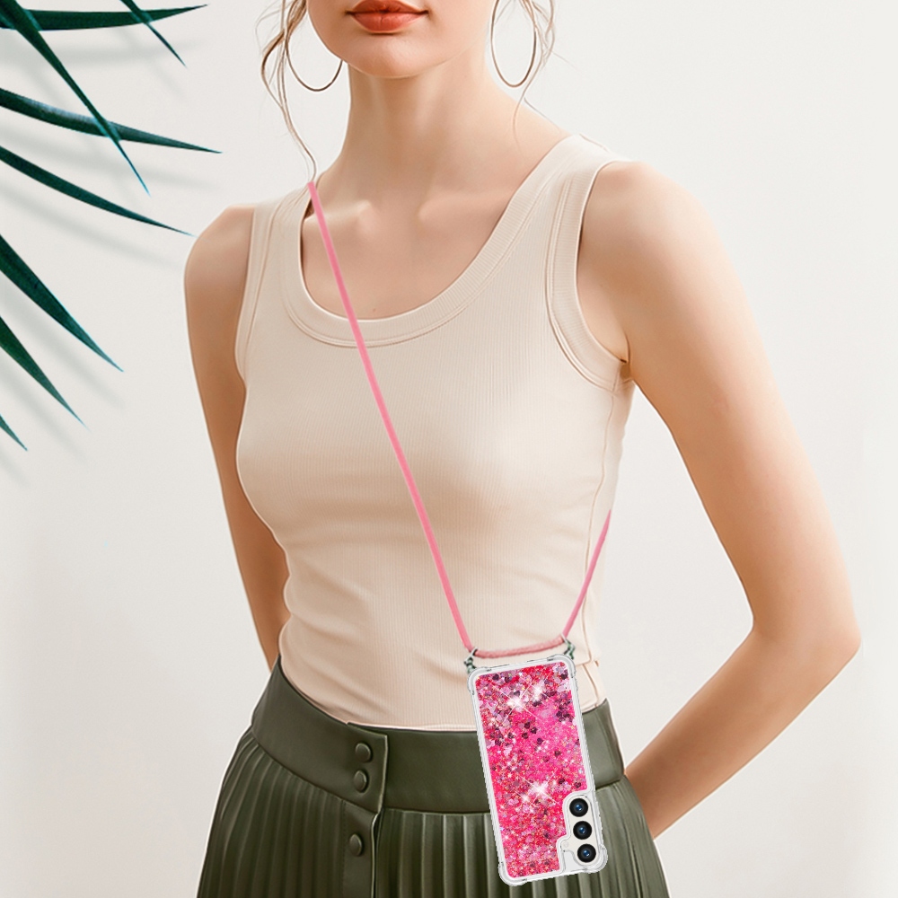 Csillogó homokóra zselés tok húzózsinórral Samsung Galaxy S26/S26 Pro készülékhez - rózsaszín/szívecske