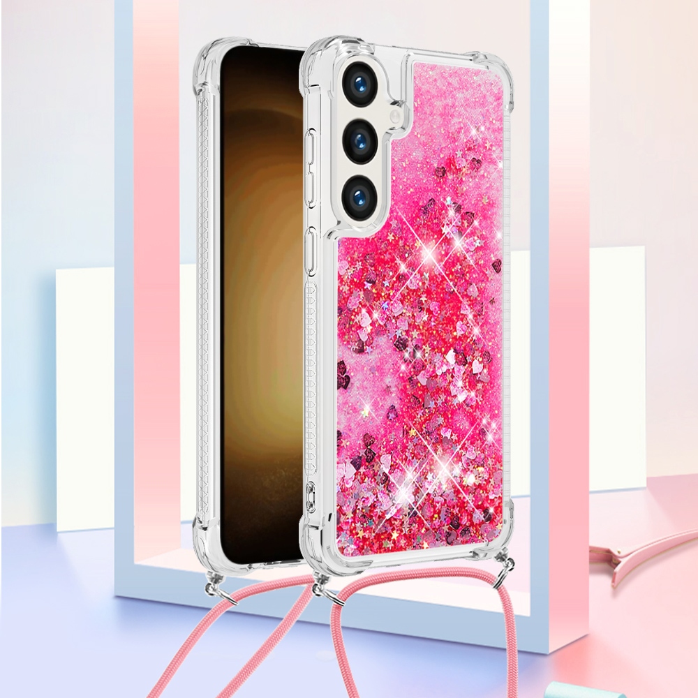 Csillogó homokóra zselés tok húzózsinórral Samsung Galaxy S26/S26 Pro készülékhez - rózsaszín/szívecske