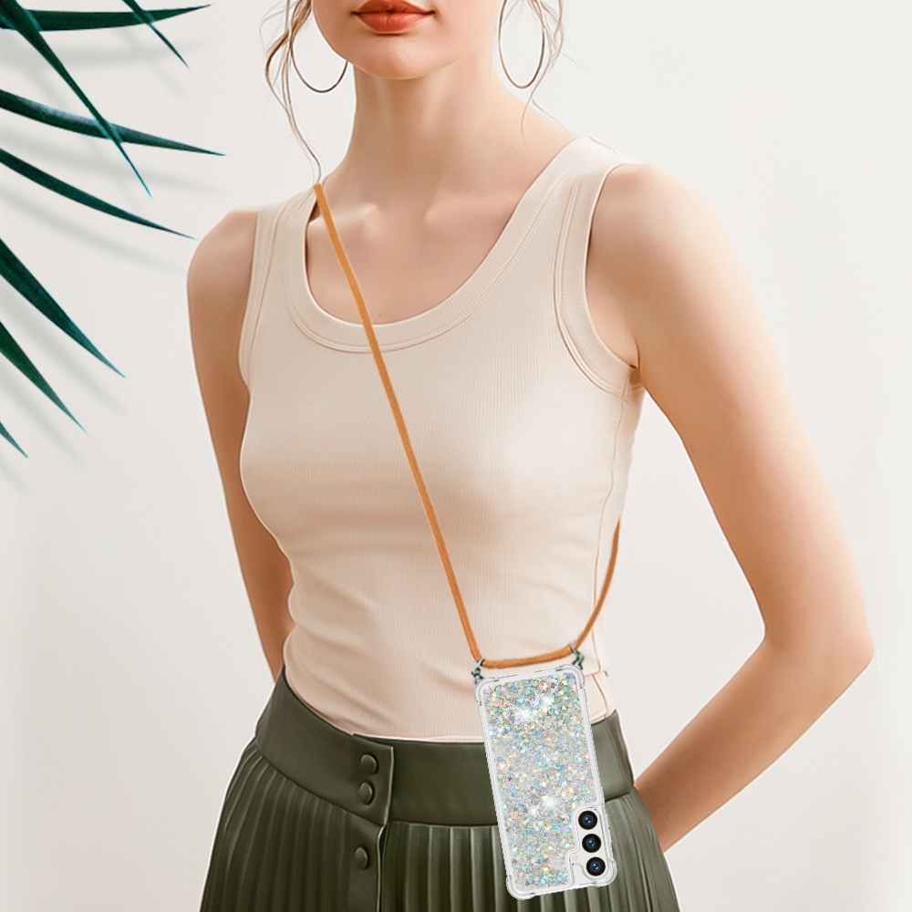 Csillogó homokóra zselés tok zsinórral Samsung Galaxy S26+ készülékhez - ezüst/szívecske