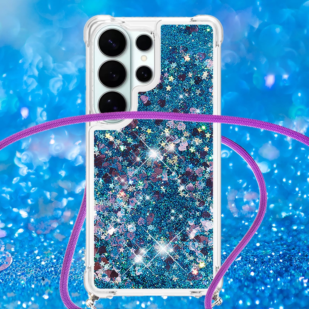 Csillogó homokóra zselés tok húzózsinórral Samsung Galaxy S26 Ultra készülékhez - kék/szív