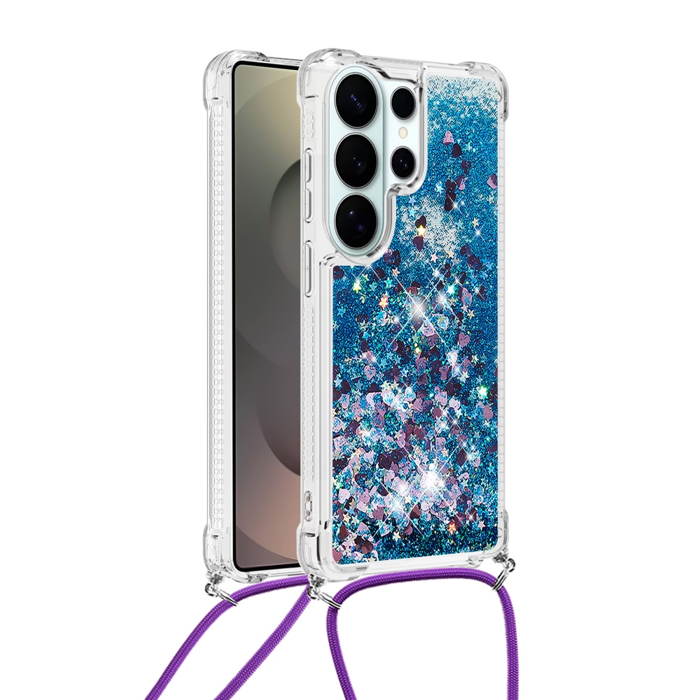 Csillogó homokóra zselés tok húzózsinórral Samsung Galaxy S26 Ultra készülékhez - kék/szív