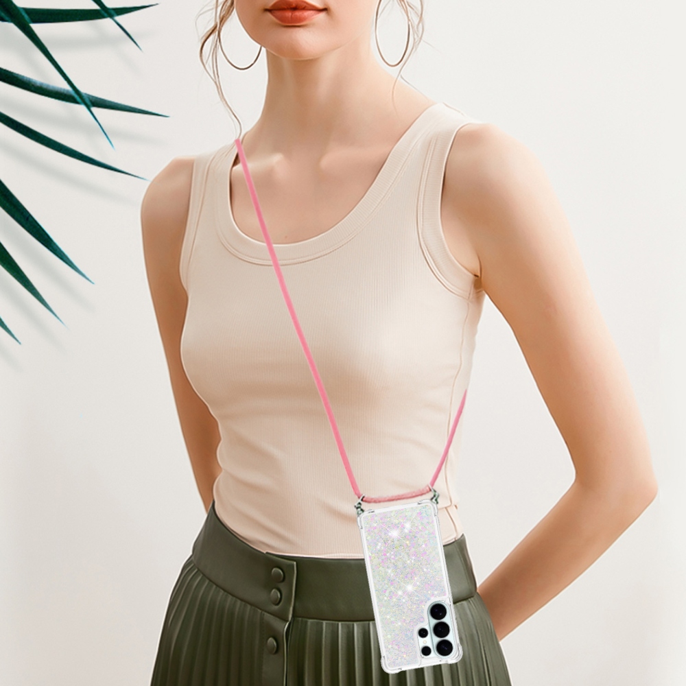 Csillogó homokóra zselés tok zsinórral Samsung Galaxy S26 Ultra készülékhez - rózsaszínes ezüst/szívecske